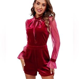 NWT Endless Rose Anthropologie Red Velvet Romper with Sheer Sleeves
